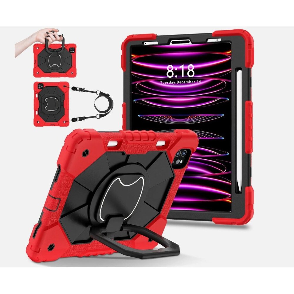 Shockproof Case For iPad Pro 11 Inch 2024 Red & Black With Screen Protector & St